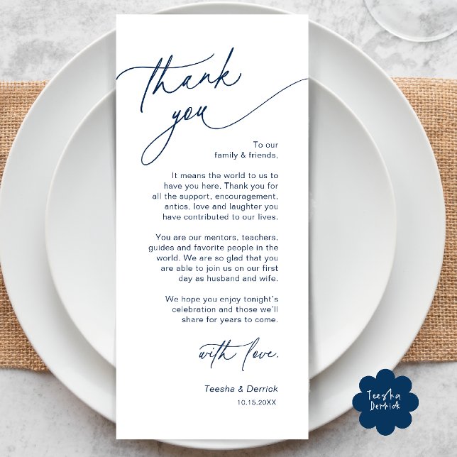 Elegant bröllopsplatssättning Tacksamhetskort Program (Elegant Wedding Place Setting Dinner Thank You Card in Navy Blue)