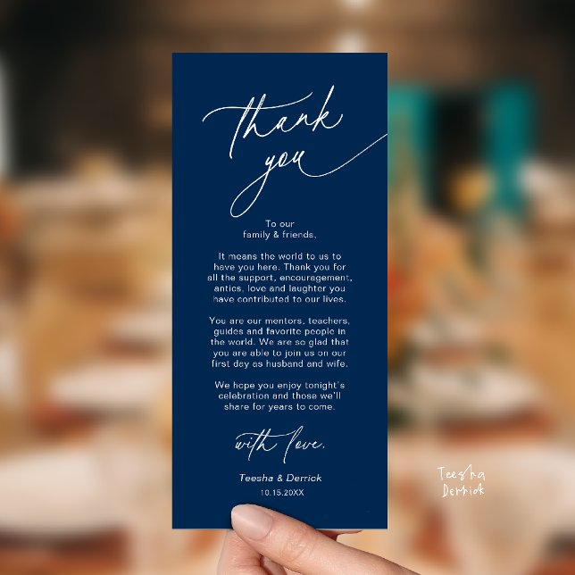 Elegant bröllopsplatssättning Tacksamhetskort Program (Elegant Wedding Place Setting Dinner Thank You Card in Navy Blue)