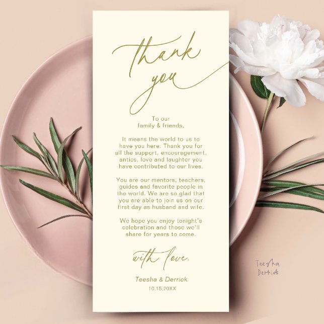 Elegant bröllopsplatssättning Tacksamhetskort Program (Elegant Wedding Place Setting Dinner Thank You Card in Cream and Gold)