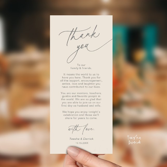 Elegant bröllopsplatssättning Tacksamhetskort Program (Elegant Wedding Place Setting Dinner Thank You Card in Cream and Grey)