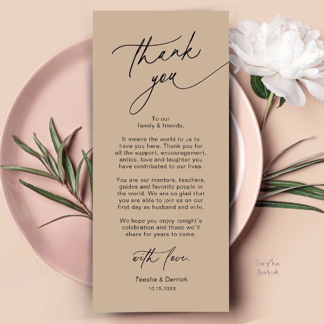 Elegant bröllopsplatssättning Tacksamhetskort Program (Elegant Wedding Place Setting Dinner Thank You Card in Tan Brown)