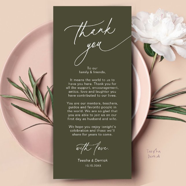 Elegant bröllopsplatssättning Tacksamhetskort Program (Elegant Wedding Place Setting Dinner Thank You Card in Olive Green)