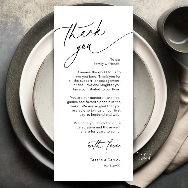 Elegant bröllopsplatssättning Tacksamhetskort Program (Elegant Wedding Place Setting Dinner Thank You Card in Black and White)