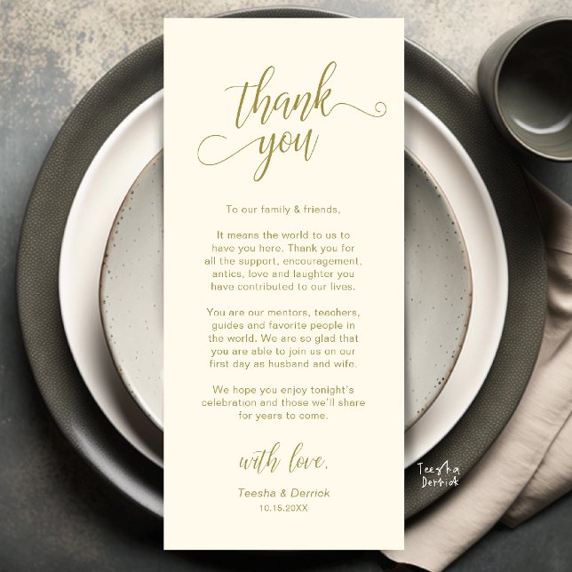Elegant bröllopsplatssättning Tacksamhetskort Program (Elegant Wedding Place Setting Thank You Card in yellow cream and gold)