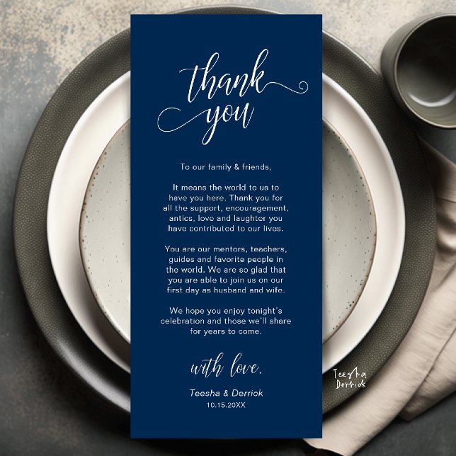 Elegant bröllopsplatssättning Tacksamhetskort Program (Elegant Wedding Place Setting Thank You Card in Navy Blue)