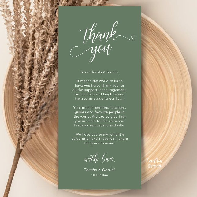 Elegant bröllopsplatssättning Tacksamhetskort Program (Elegant Wedding Place Setting Thank You Card in Sage Green)