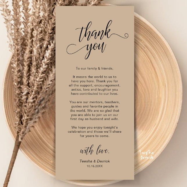 Elegant bröllopsplatssättning Tacksamhetskort Program (Elegant Wedding Place Setting Thank You Card in Brown tan kraft)