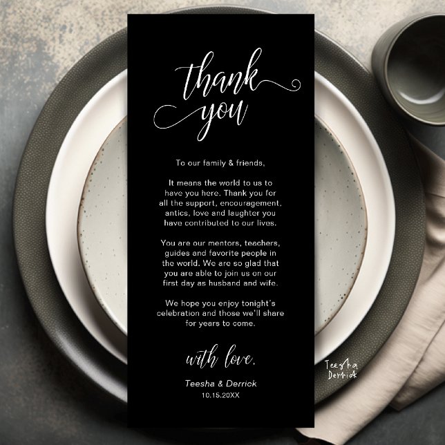 Elegant bröllopsplatssättning Tacksamhetskort Program (Elegant Wedding Place Setting Thank You Card in Black and White)