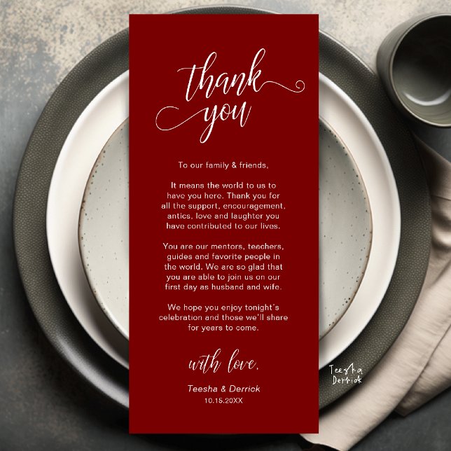 Elegant bröllopsplatssättning Tacksamhetskort Program (Elegant Wedding Place Setting Thank You Card in Burgundy wine red)