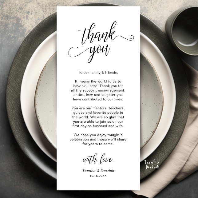 Elegant bröllopsplatssättning Tacksamhetskort Program (Elegant Wedding Place Setting Thank You Card in black and White)
