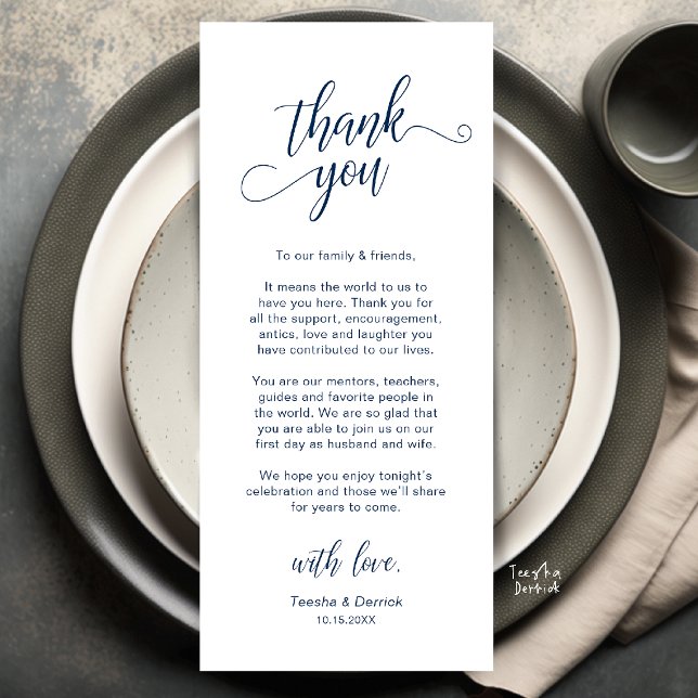 Elegant bröllopsplatssättning Tacksamhetskort Program (Elegant Wedding Place Setting Thank You Card in Navy Blue)