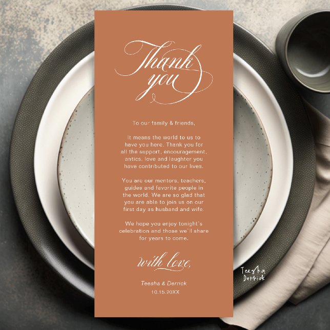 Elegant bröllopsplatssättning Tacksamhetskort Program (Elegant Classic Wedding Place Setting Thank You Dinner Card in copper terracotta)