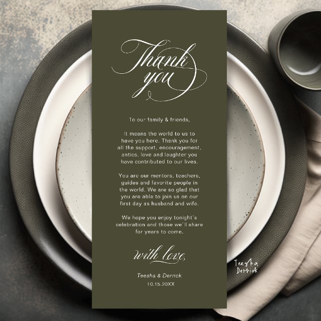 Elegant bröllopsplatssättning Tacksamhetskort Program (Elegant Classic Wedding Place Setting Thank You Dinner Card in olive green)
