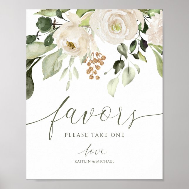 Elegant bröllopspresent-skylt Grönska Lövverk Vit Poster (Framsidan)