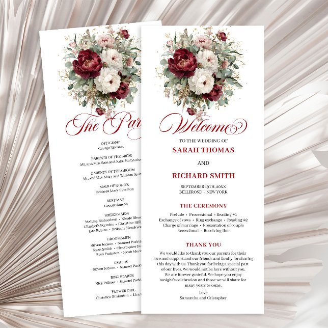 Elegant Bröllopsprogram i Vinröd Färg med Grönska Program (Stylish Blush Burgundy Greenery Wedding Program)