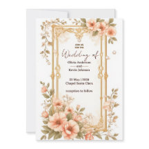 Elegant bröllopsram i guld med mjuka rosa blommor