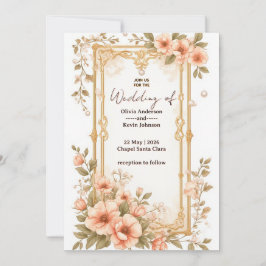 Elegant bröllopsram i guld med mjuka rosa blommor inbjudningar