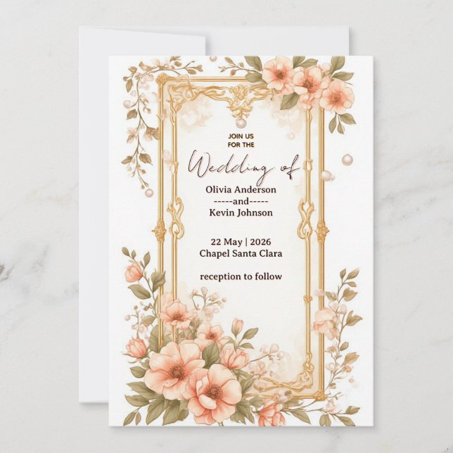 Elegant bröllopsram i guld med mjuka rosa blommor inbjudningar (Framsida)