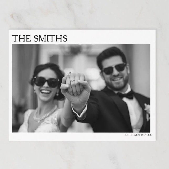 Elegant bröllopsredaktionell Flykt Bröllops vykort (Wedding Photo Engagement Elopement Cards)