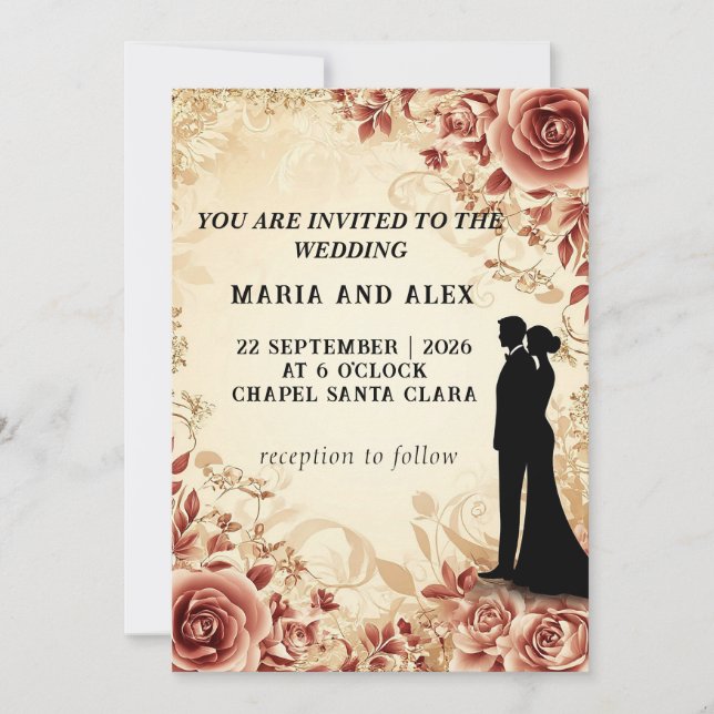 Elegant bröllopssilhuett blandat med blomdesign inbjudningar (Framsida)