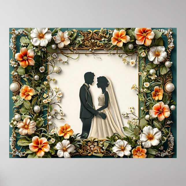 Elegant bröllopssilhuett med blomster ramdekoratio poster (Framsidan)