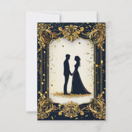 Elegant bröllopssilhuett med utsmyckad gyllene ram inbjudningar