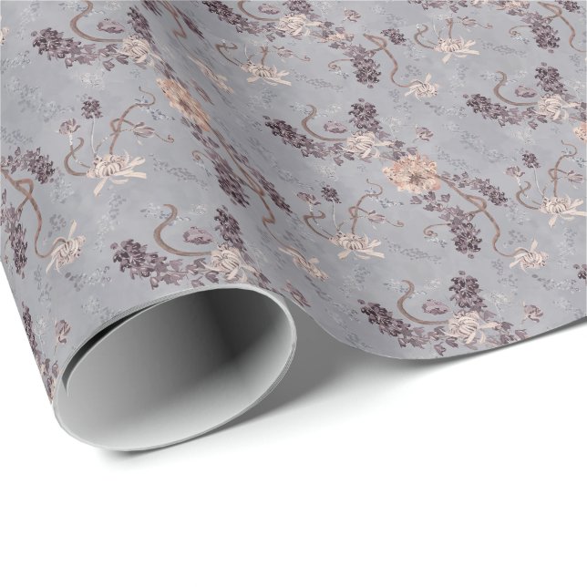 Elegant Bröllopssilvergrå Krysantemum Blommig   Presentpapper (Rullad Hörn)