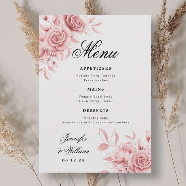Elegant bröllopsskrift Rosa ros Blommig  Meny (Elegant Script Wedding Blush Pink Rose Floral Menu)
