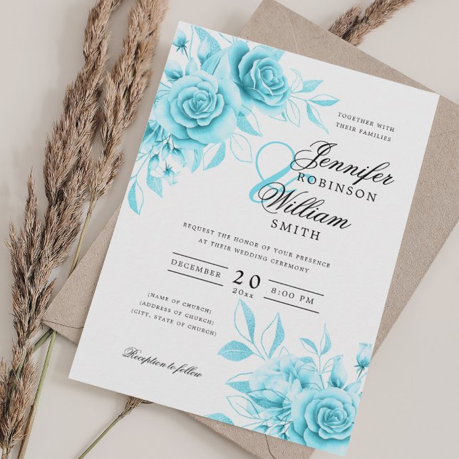 Elegant bröllopsskrift Turkos blomster med QR-svar Inbjudningar (Elegant Script Wedding Turquoise Floral w/ QR RSVP Invitation)