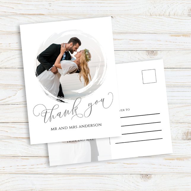 Elegant bröllopsskript Foto Tackkort Vykort (Wedding photo thank you postcard.)