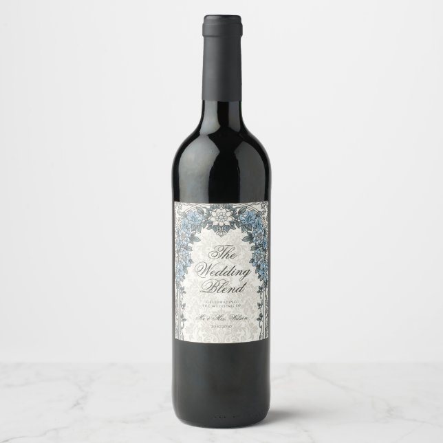 Elegant bröllopsvintage blå vinflasketikett vinflaska etikett (Framsida)