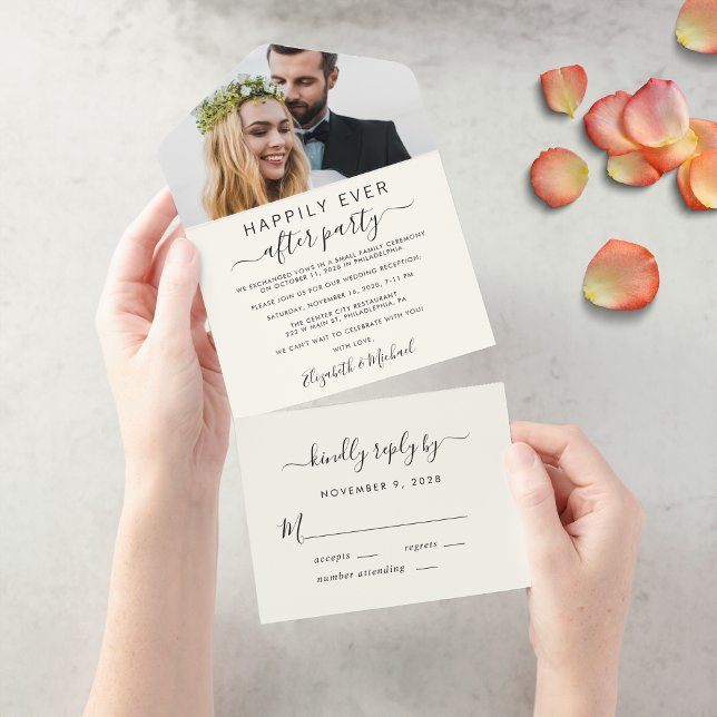 Elegant bröllosmottagning i krämfärg med foto (From private vows to a grand party - invite family and friends to celebrate your marriage!)