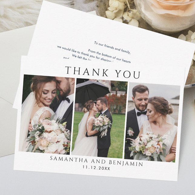 Elegant Bröllpsdags Foto Collage Tack Anteckningskort (Custom 3 Photos Wedding Thank You Card)