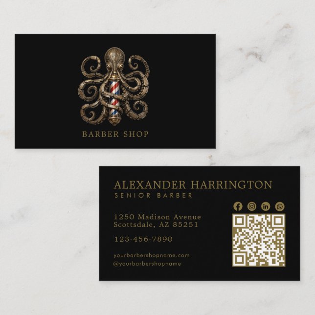 Elegant Brons Bläckfisk Barberare Qr Kod Visitkort (Fram/baksida)
