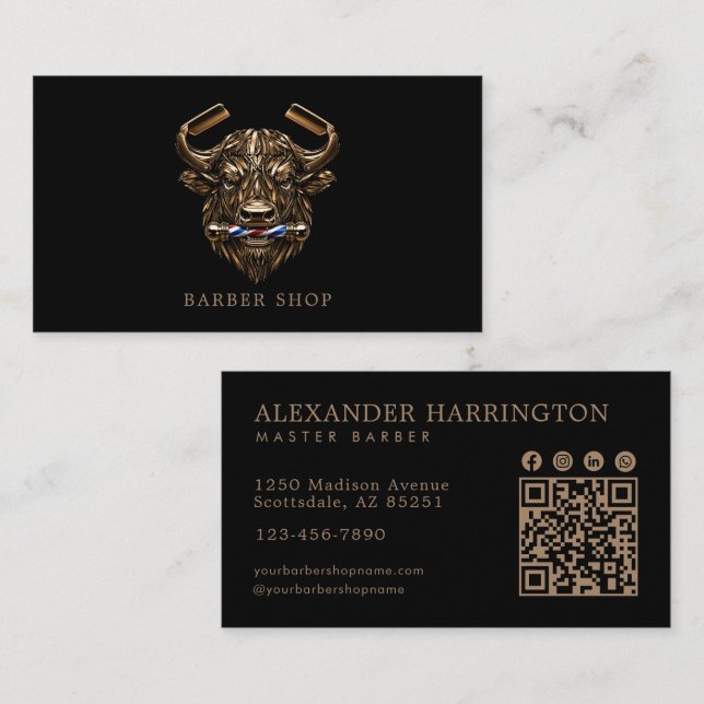 Elegant Brons Buffalo Barberare Qr Kod Visitkort (Fram/baksida)