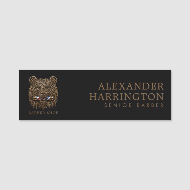 Elegant Bronze Bear Barber Shop Logotyp Personal Namnbricka (Framsida)