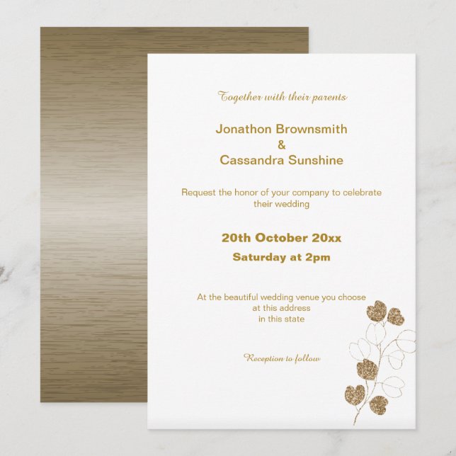 ELEGANT BRONZE GULD EUCALYPTUS WEDVICATION INVITAT INBJUDNINGAR (Fram/baksida)