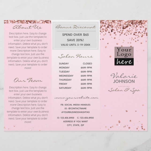 Elegant Broschyr om  Rosa Glitter Trifold Salon Br (Framsida)