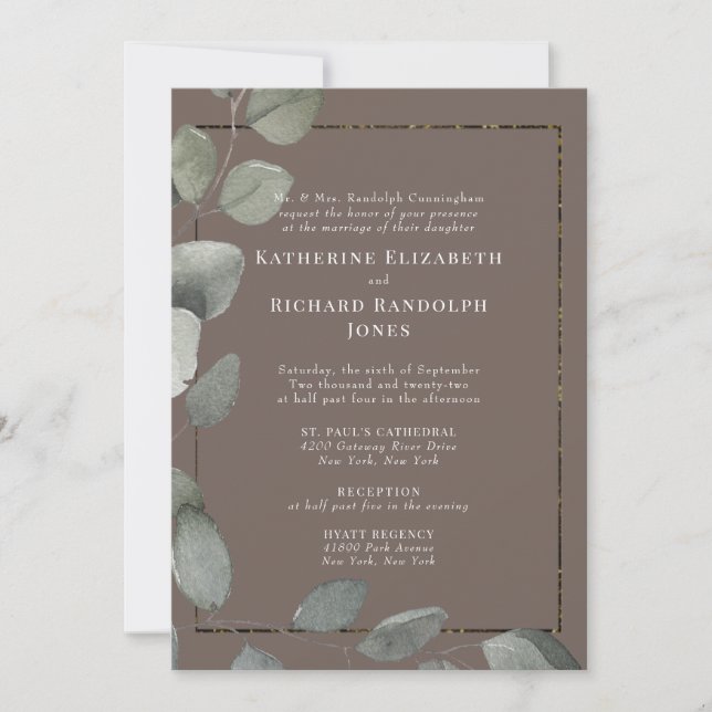 Elegant Brown 2 Venue Foliage Formal Bröllop Inbjudningar (Framsida)