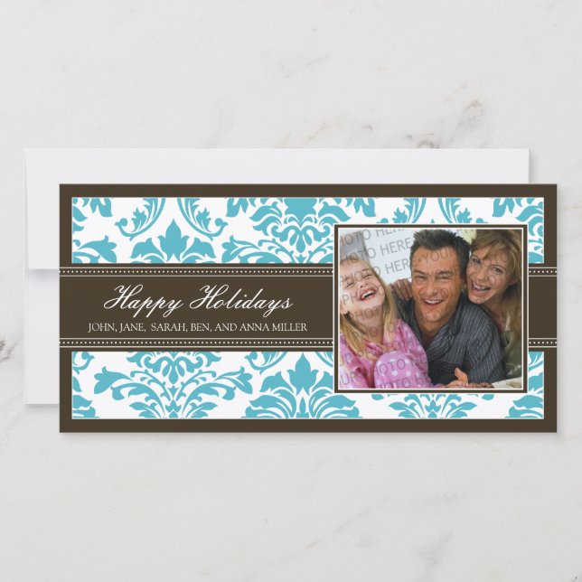 Elegant Brown & Aqua Damask Anpassningsbar Glad he Julkort (Framsida)
