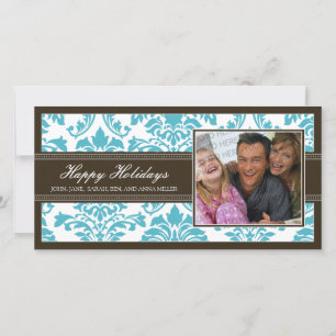 Elegant Brown & Aqua Damask Anpassningsbar Glad he Julkort