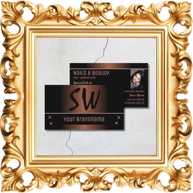 Elegant Brown Black Chic med Monogram och Photo Visitkort (Skapare uppladdad)
