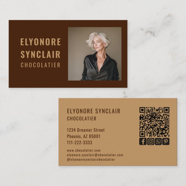 Elegant Brown Chocolatier Photo Social QR Code  Visitkort (Fram/baksida)