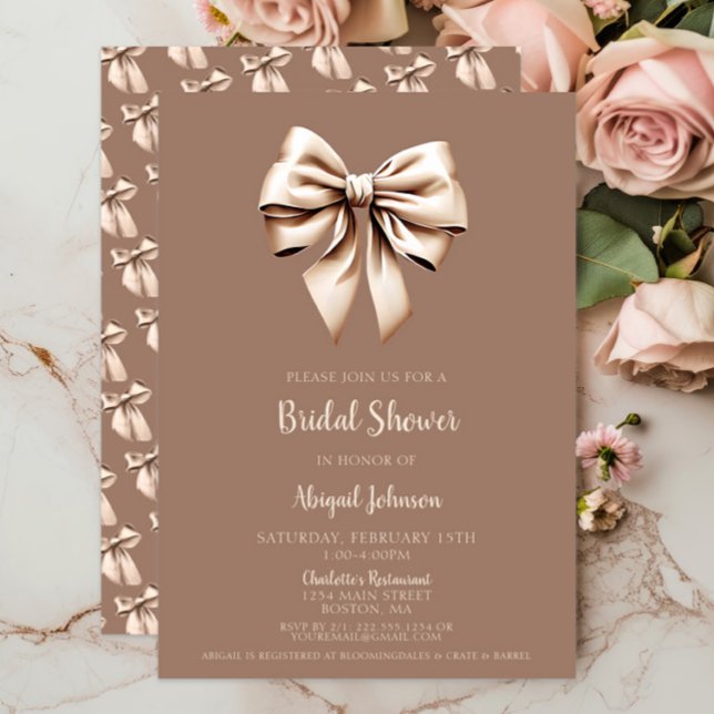Elegant Brown Coquette Bow-Möhippa Inbjudningar (Brown Cream Coquette Bow Bridal Shower Invitation, Elegant Wedding Shower, Modern, Mocha, Script )