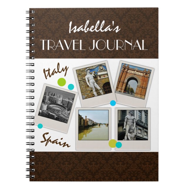 Elegant Brown Damask Travel Journal och foton Anteckningsbok Med Spiral (Framsidan)