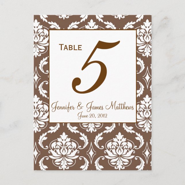 Elegant Brown Damask Wedding Bordsnummer (Framsida)