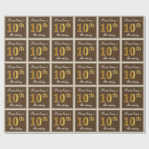 Elegant, Brown, Faux Guld 10:e födelsedagen + Namn Presentpapper