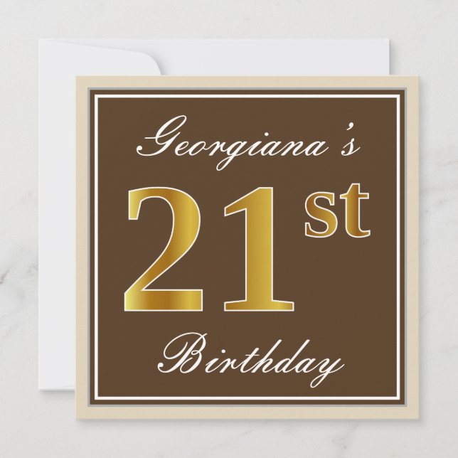 Elegant, Brown, Faux Guld 21:a födelsedagen + Namn Inbjudningar (Framsida)