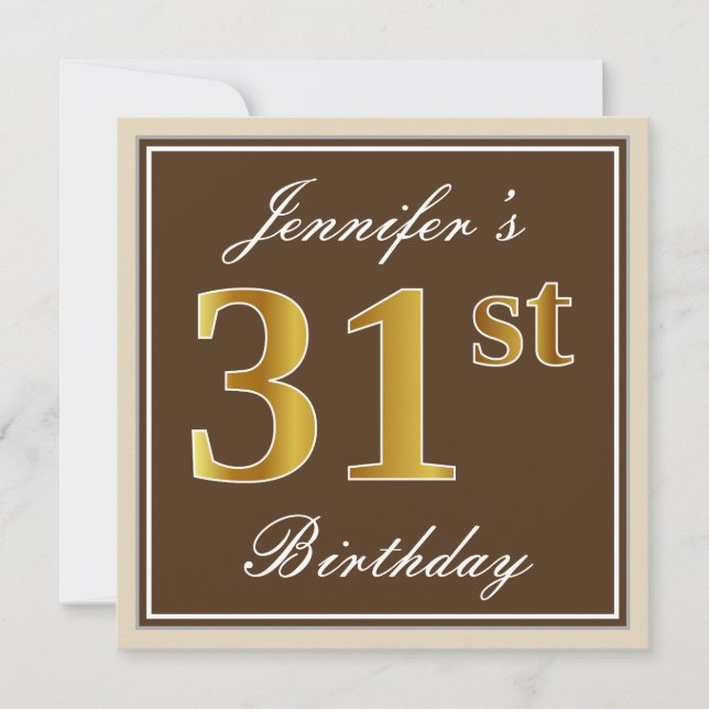Elegant, Brown, Faux Guld 31a Birthday + Namn Inbjudningar (Framsida)