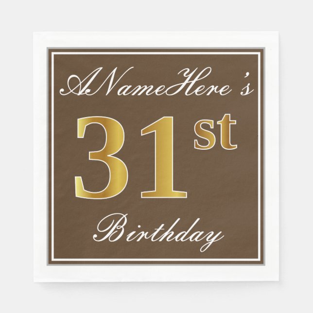 Elegant Brown, Faux Guld 31a Birthday + Namn Pappersservett (Framsidan)